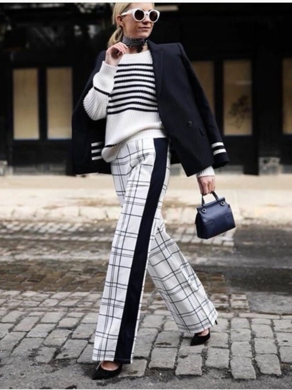 Tory Burch Plaid Wide-Leg Track-Stripe Pants